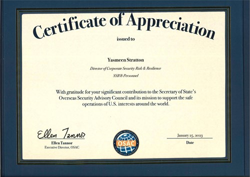 Yasmeen Stratton of SSR Personnel is awarded OSAC Certificate of Appreciation