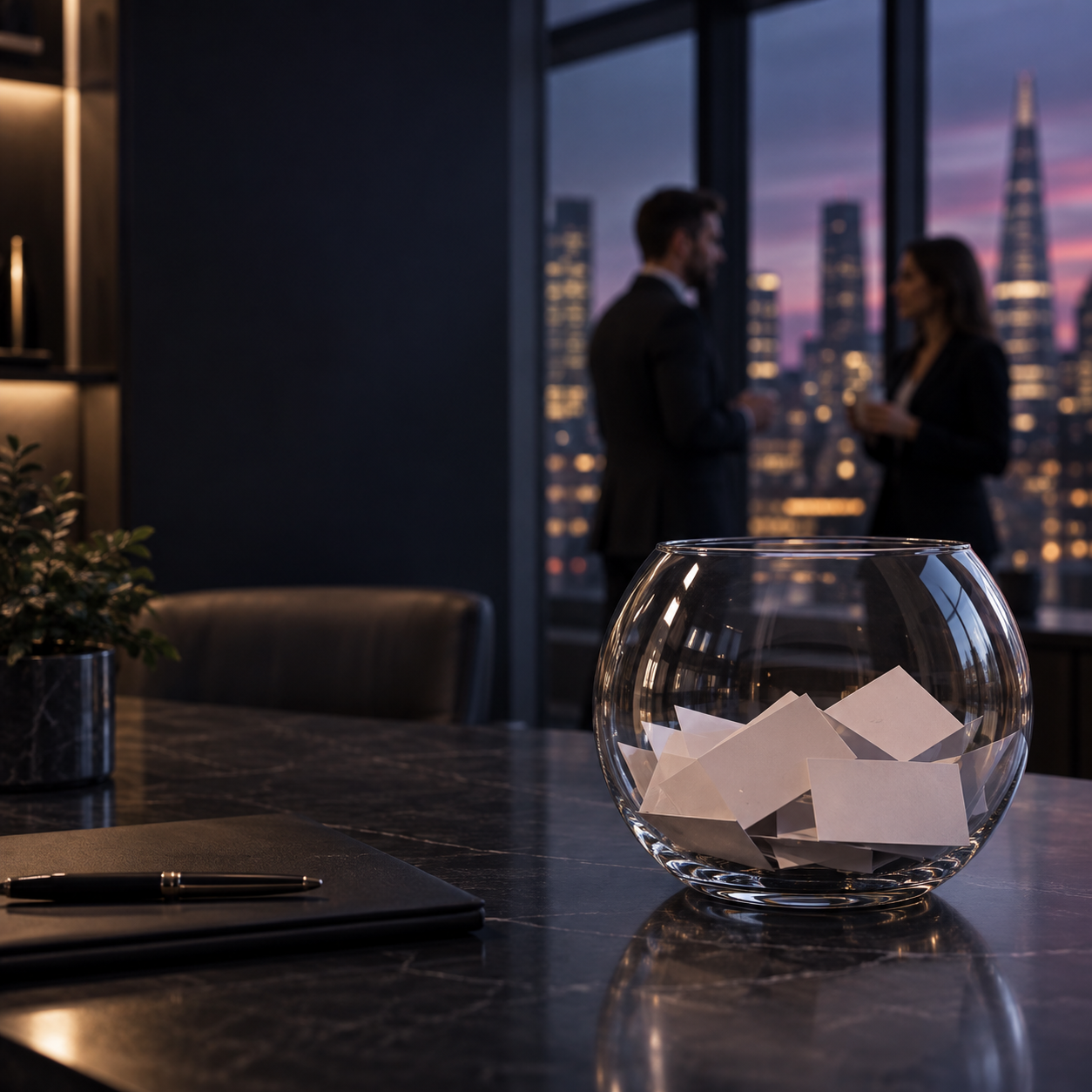A professional quarterly prize draw in a modern London office.