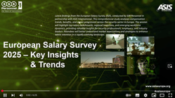 Green, technology-themed background with digital network lines and nodes, displaying the title “European Salary Survey 2025 – Key Insights & Trends.” Supporting text explains findings from the SSR Personnel European Salary Survey 2025 conducted in partnership with ASIS International, covering salary benchmarks, hiring trends, and workforce insights across the European security sector. Small inset images show a modern building, a workplace scene, and a biometric facial scan, with ASIS and SSR Personnel logos visible.